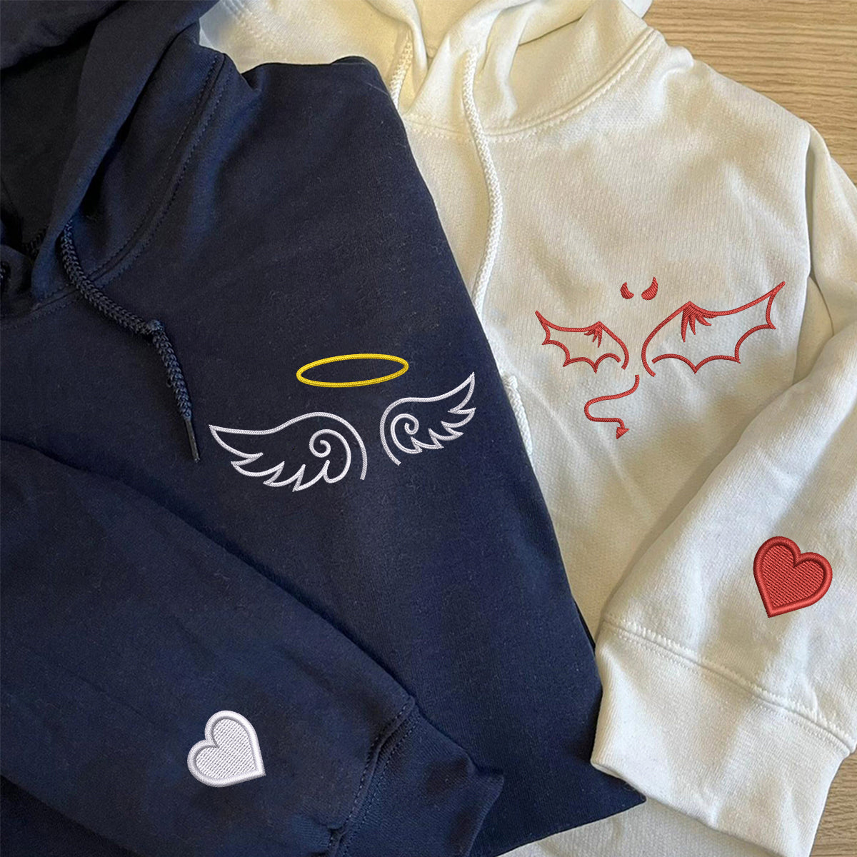 Custom Embroidered Angel and Devil Matching Hoodies for Couples