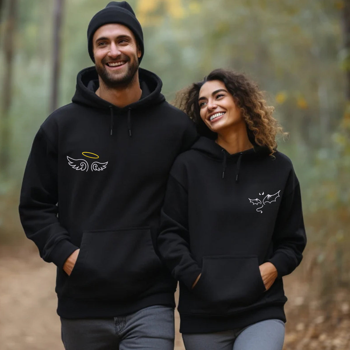 Custom Embroidered Angel and Devil Matching Hoodies for Couples