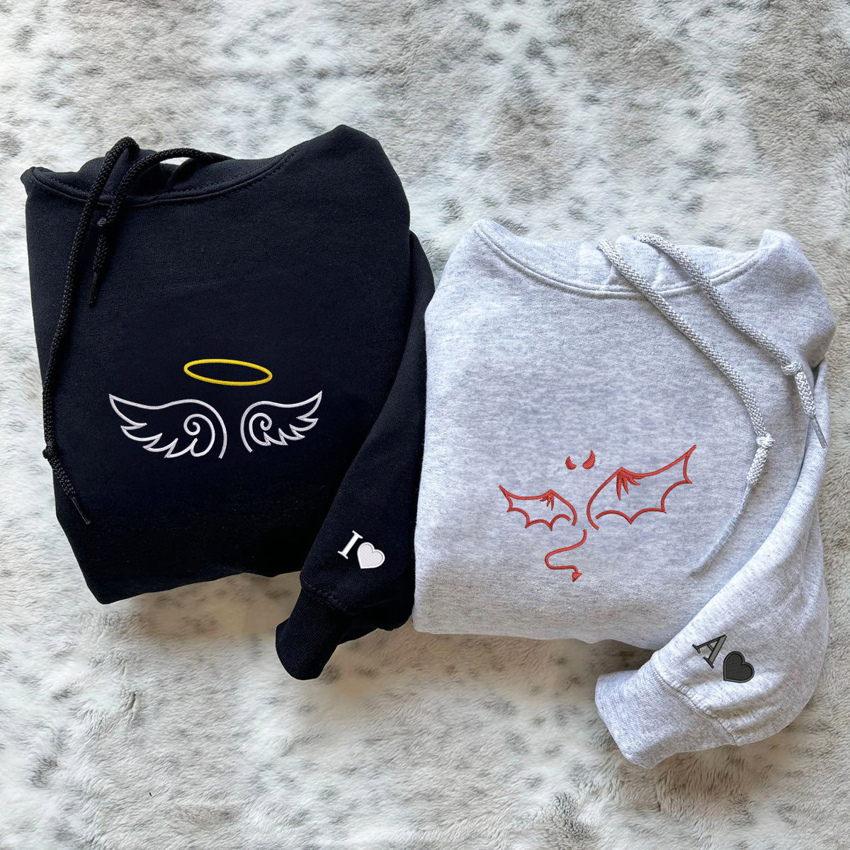 Custom Embroidered Angel and Devil Matching Hoodies for Couples