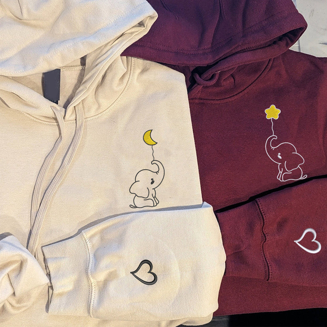 Custom Embroidered Baby Elephant Matching Hoodies for Couples