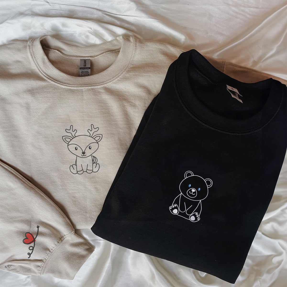 Custom Embroidered Bear and Deer Matching Hoodies for Couples