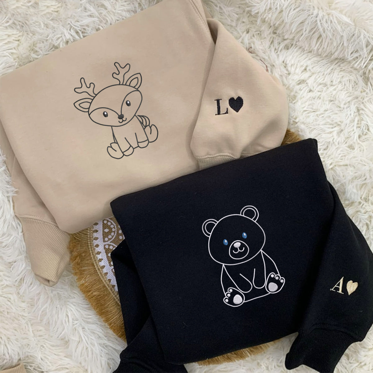 Custom Embroidered Bear and Deer Matching Hoodies for Couples