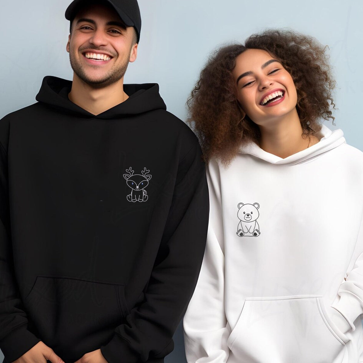 Custom Embroidered Bear and Deer Matching Hoodies for Couples