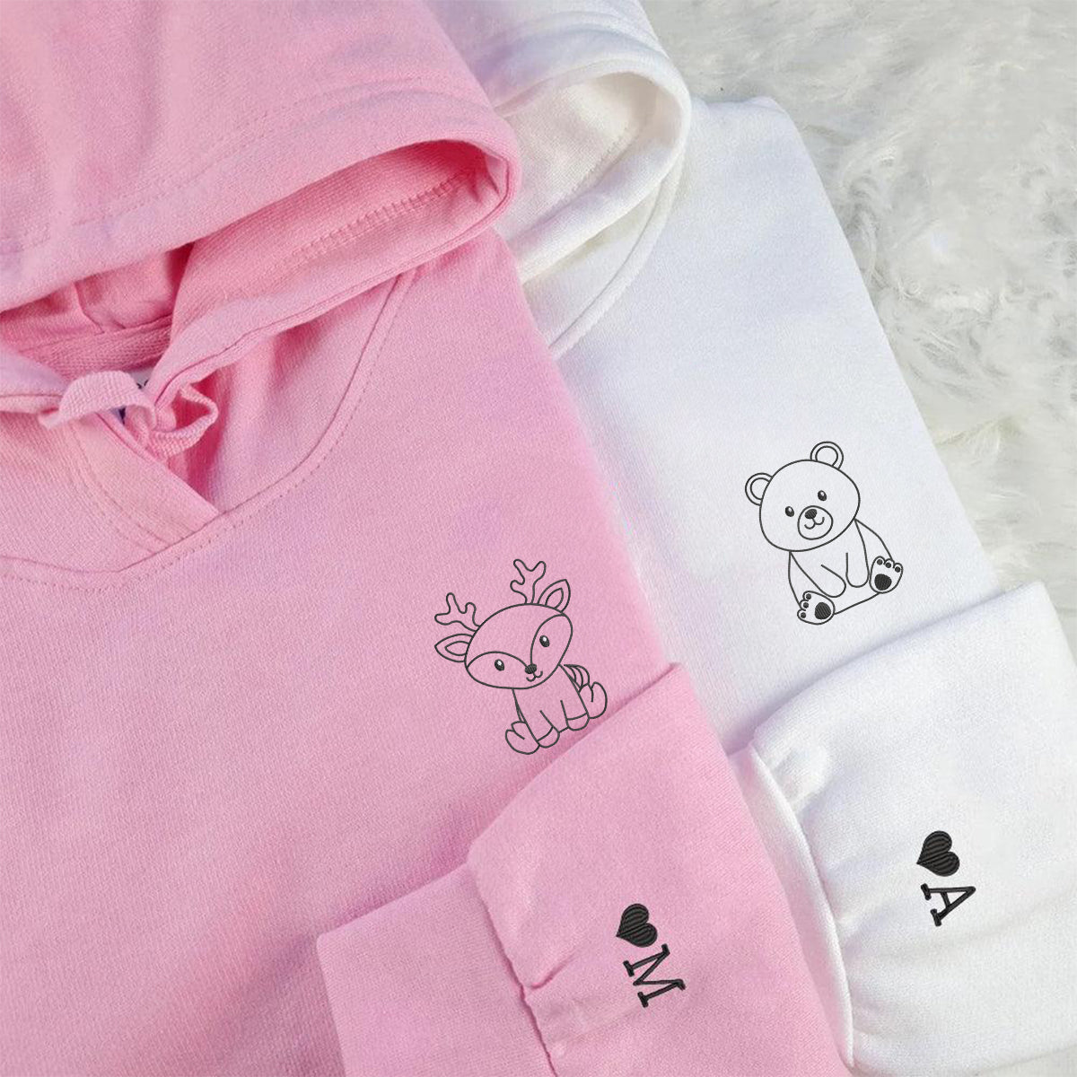 Custom Embroidered Bear and Deer Matching Hoodies for Couples