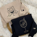 Custom Embroidered Cat Drinking Glasses Matching Hoodies for Couples