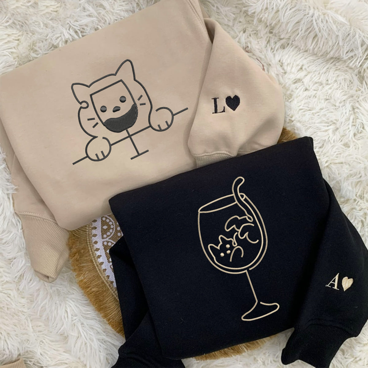 Custom Embroidered Cat Drinking Glasses Matching Hoodies for Couples