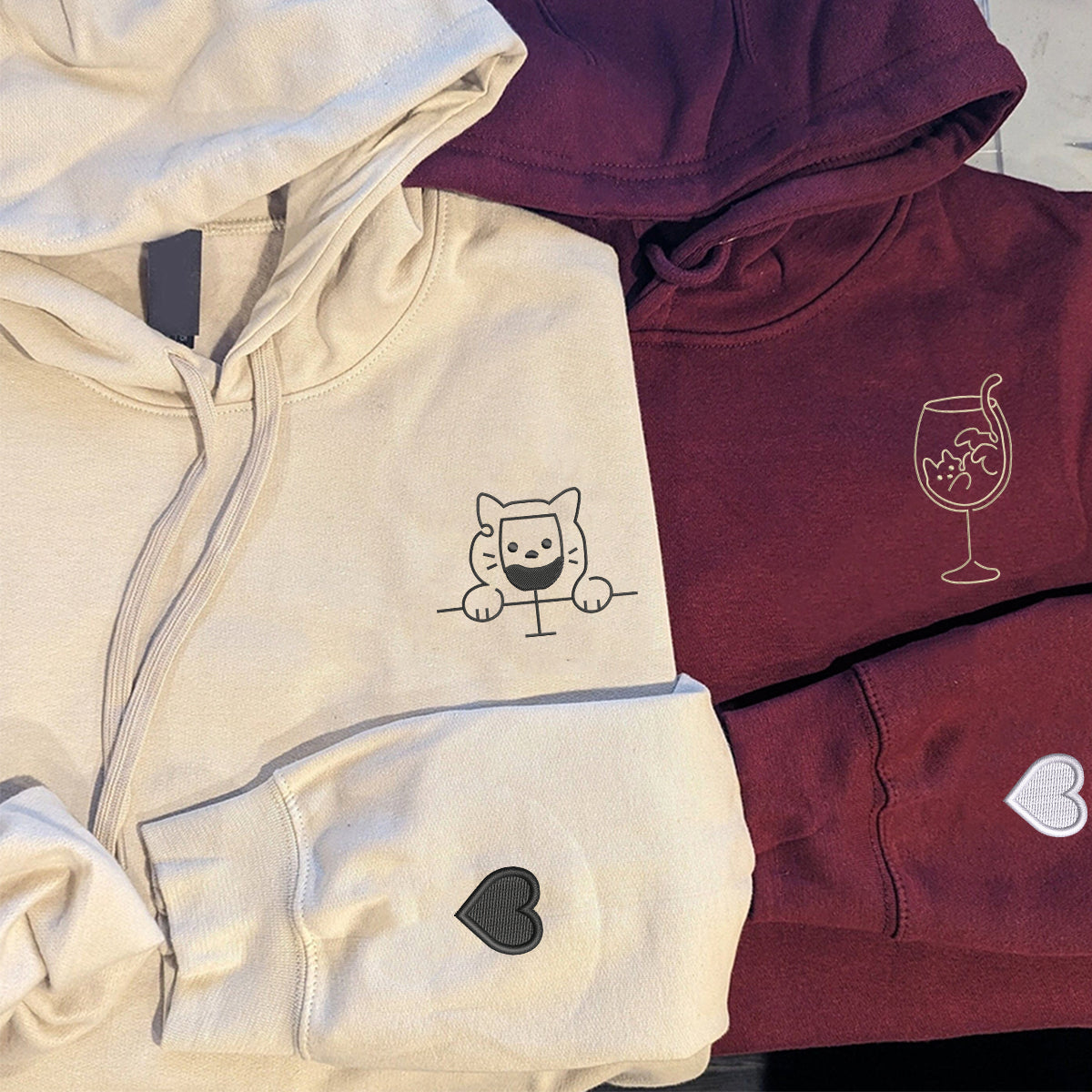 Custom Embroidered Cat Drinking Glasses Matching Hoodies for Couples