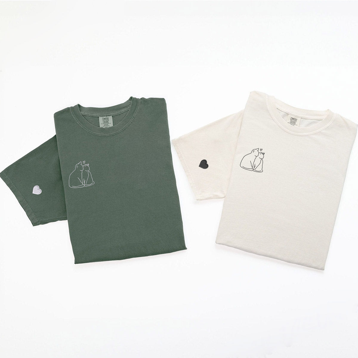 Custom Embroidered Cat Love Matching T-shirts for Couples