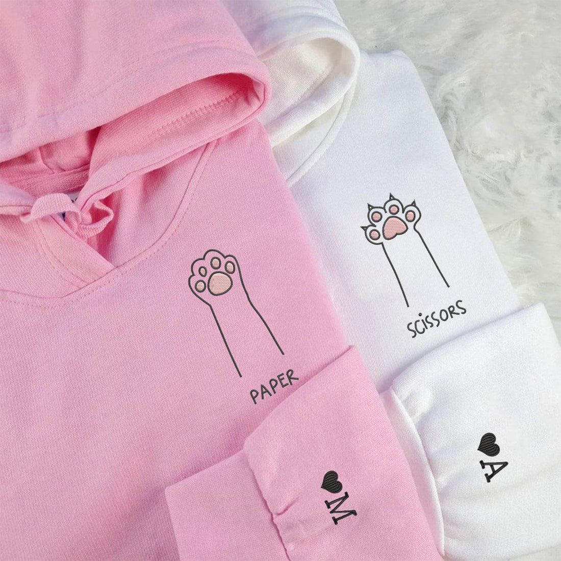 Custom Embroidered Cat Paw Rock Paper Scissors Matching Hoodies for Couples