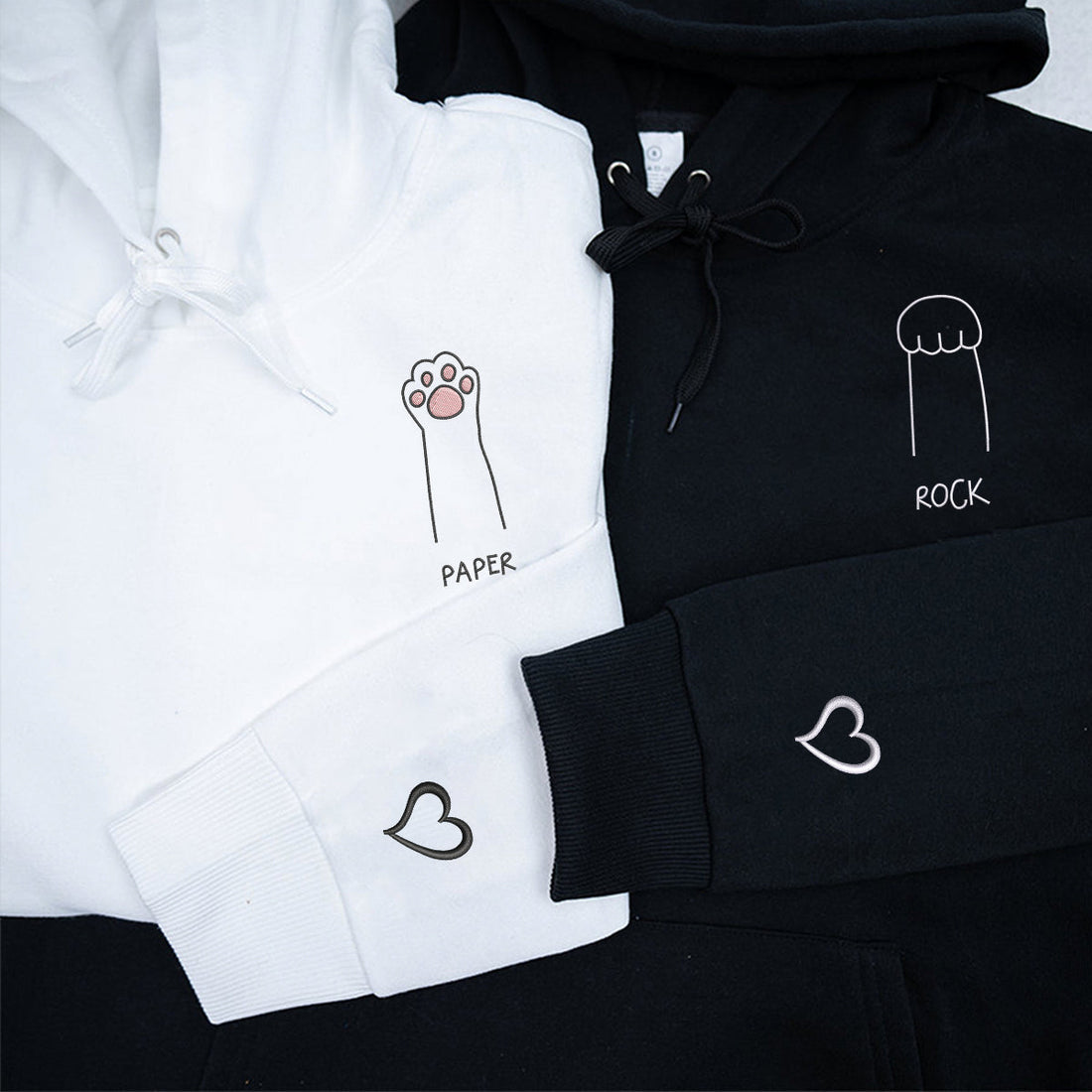 Custom Embroidered Cat Paw Rock Paper Scissors Matching Hoodies for Couples
