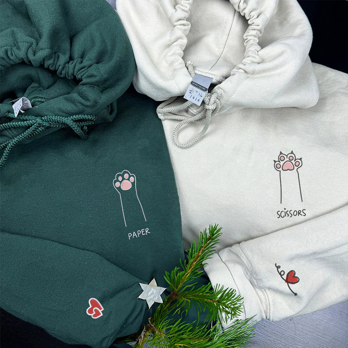 Custom Embroidered Cat Paw Rock Paper Scissors Matching Hoodies for Couples