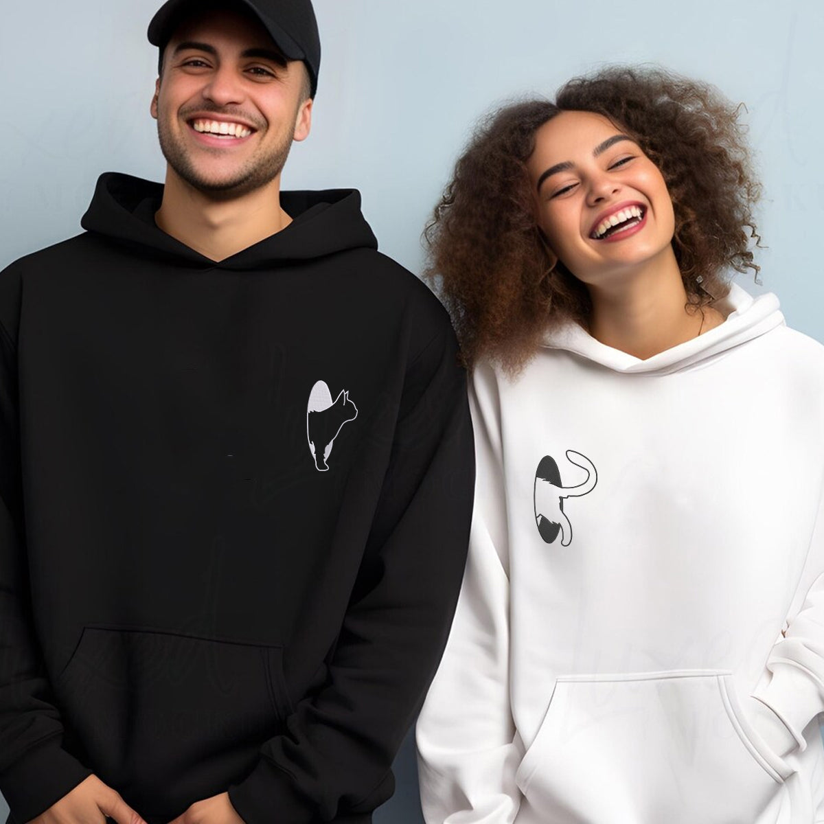 Custom Embroidered Cat Portal Matching Hoodies for Couples