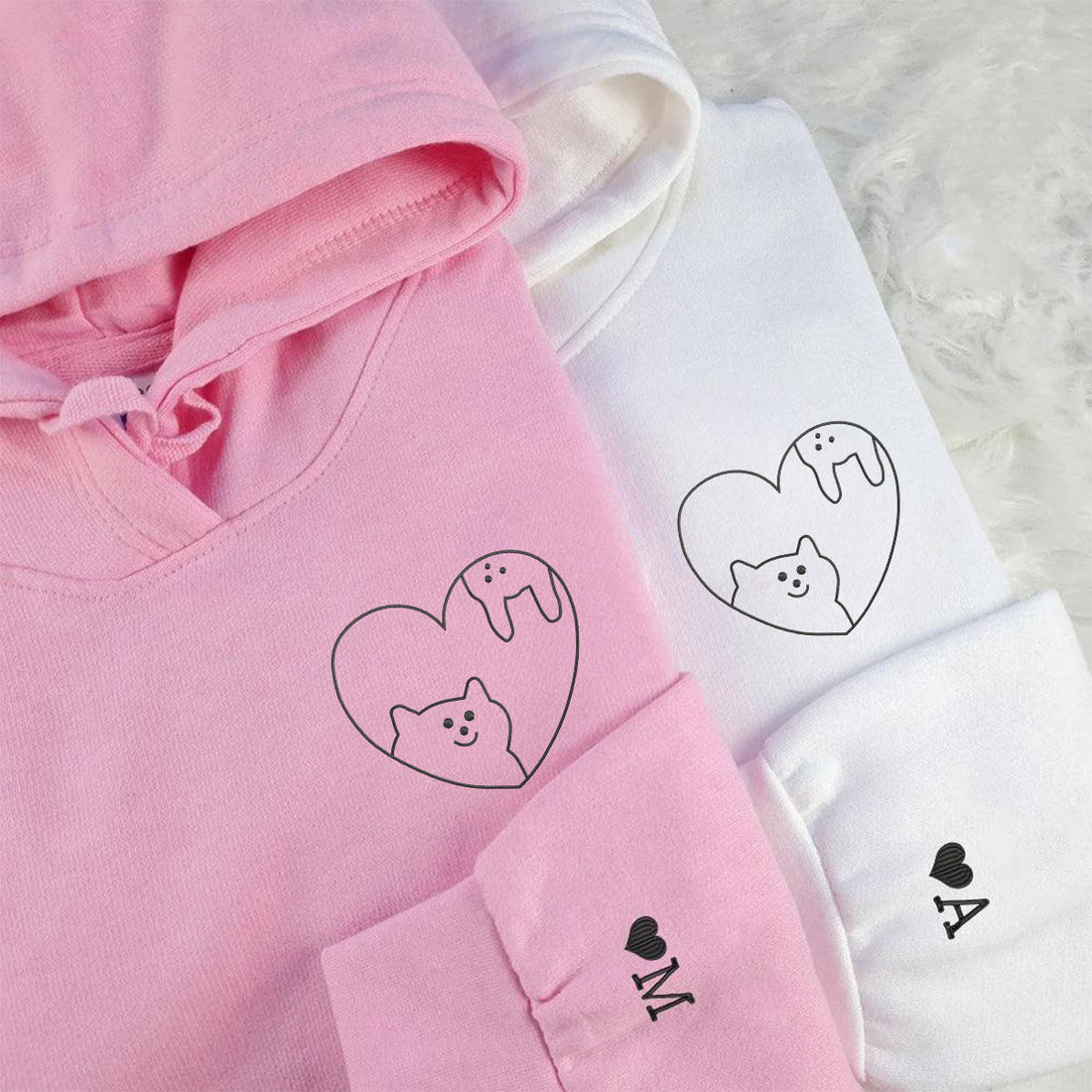 Custom Embroidered Cat & Rabbit Love Matching Hoodies for Couples