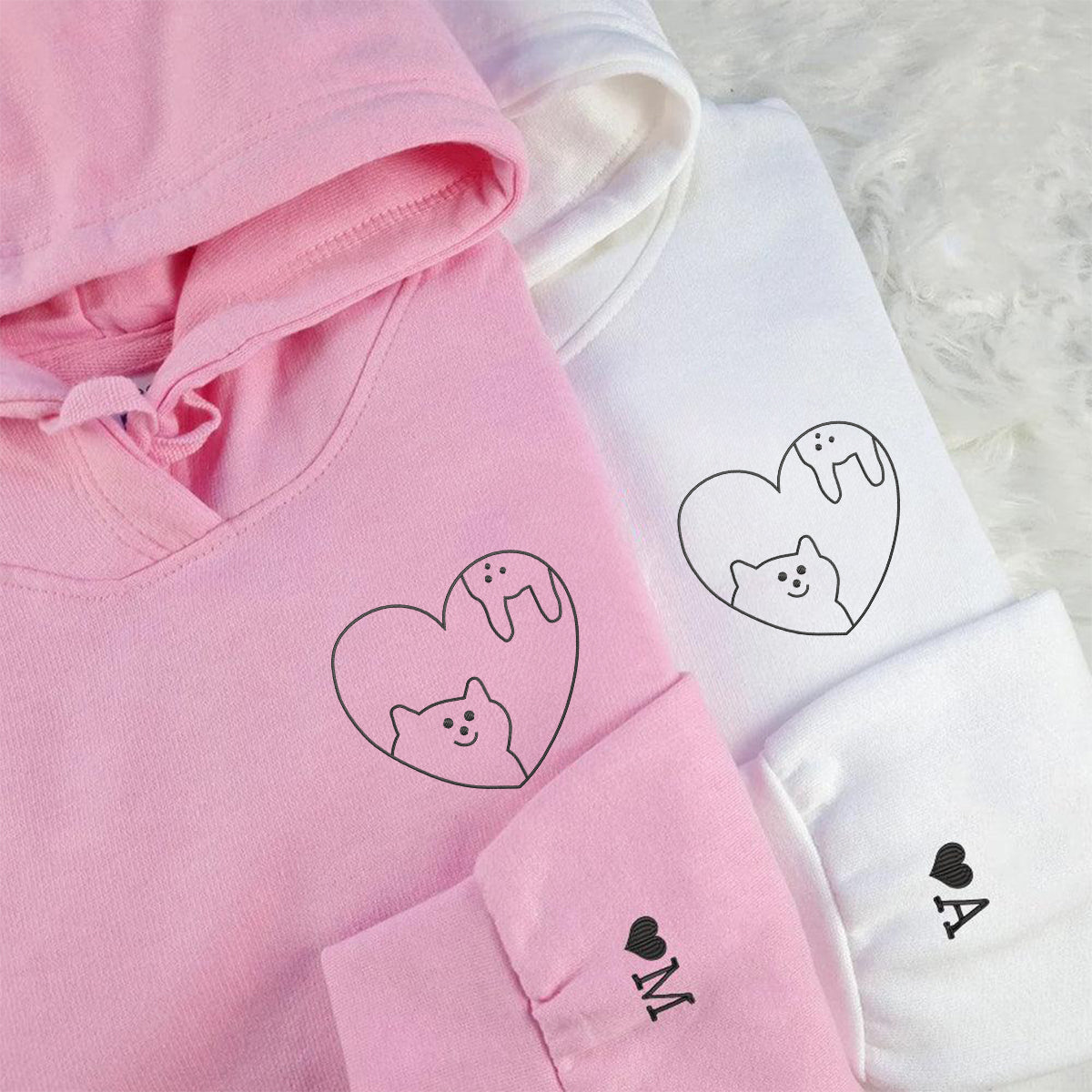 Custom Embroidered Cat & Rabbit Love Matching Hoodies for Couples
