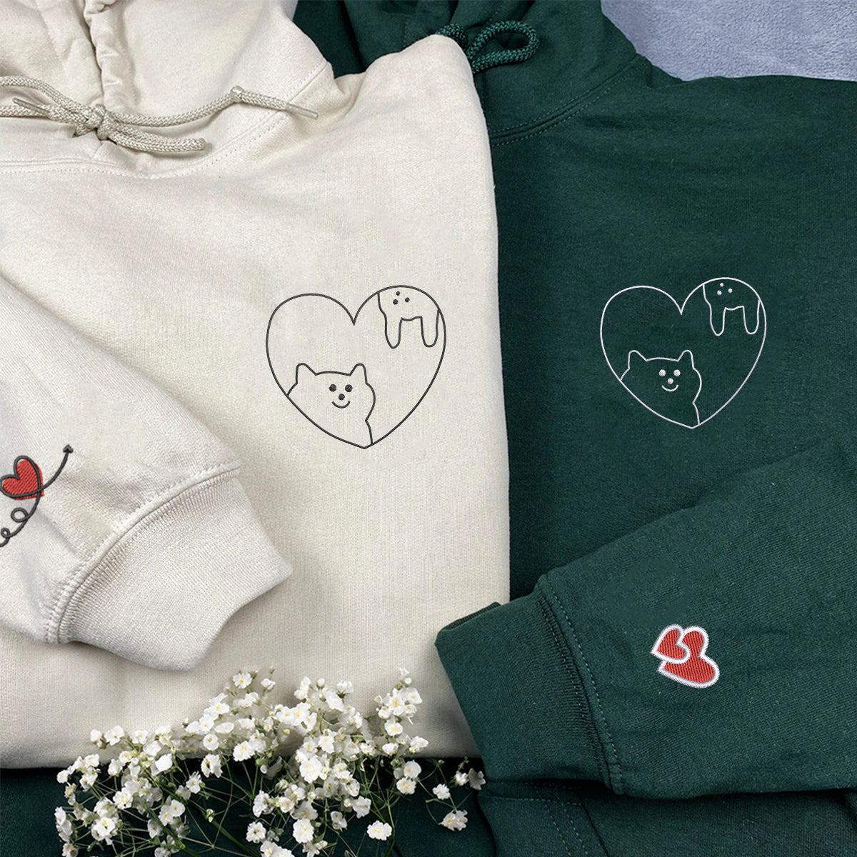 Custom Embroidered Cat & Rabbit Love Matching Hoodies for Couples