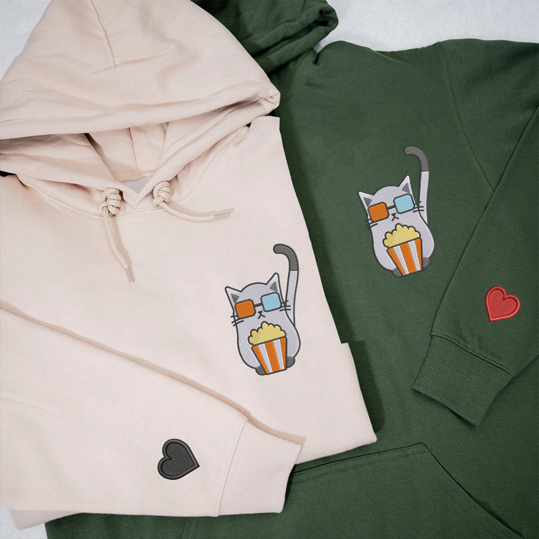 Custom Embroidered Cat Watching Movie Matching Hoodies for Couples