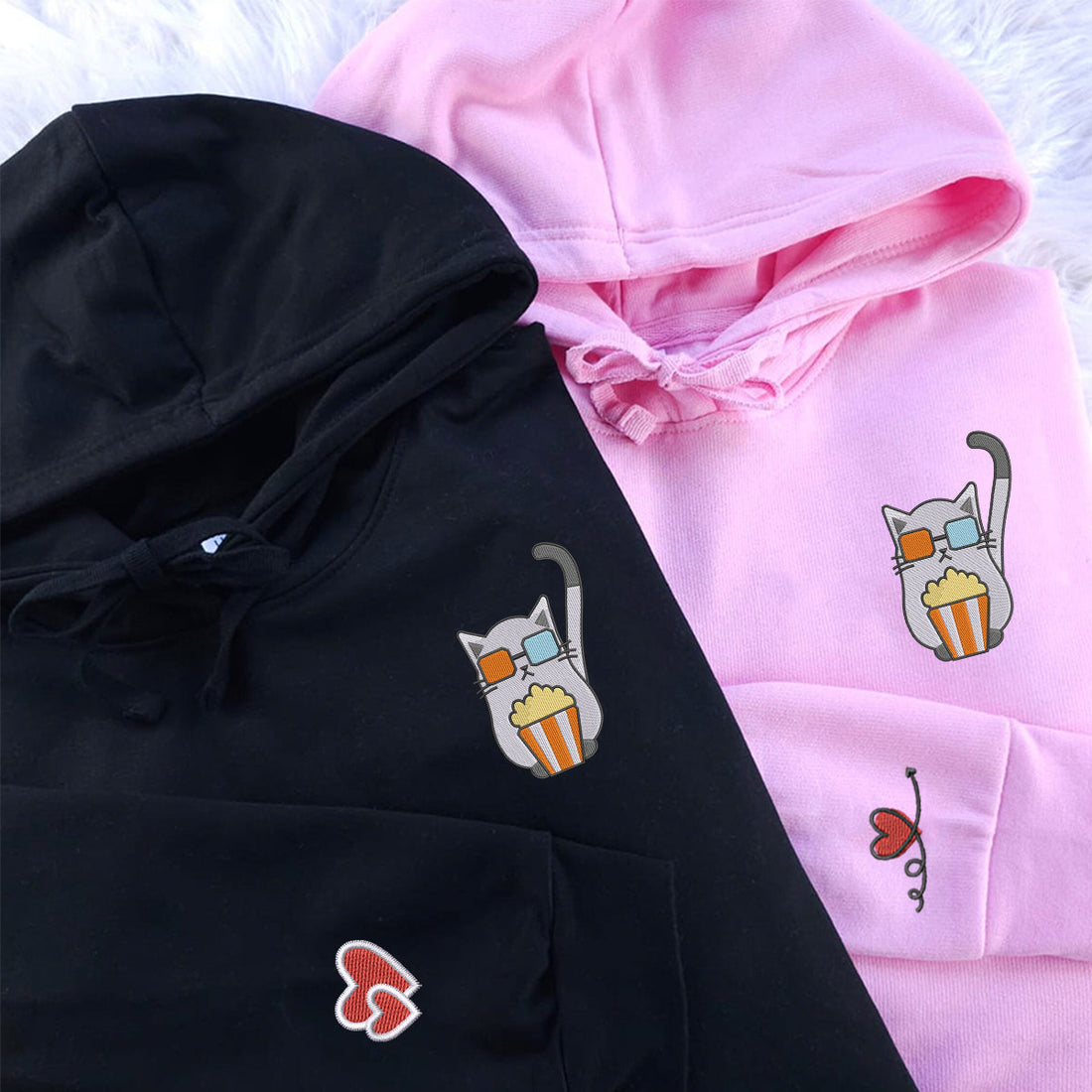 Custom Embroidered Cat Watching Movie Matching Hoodies for Couples