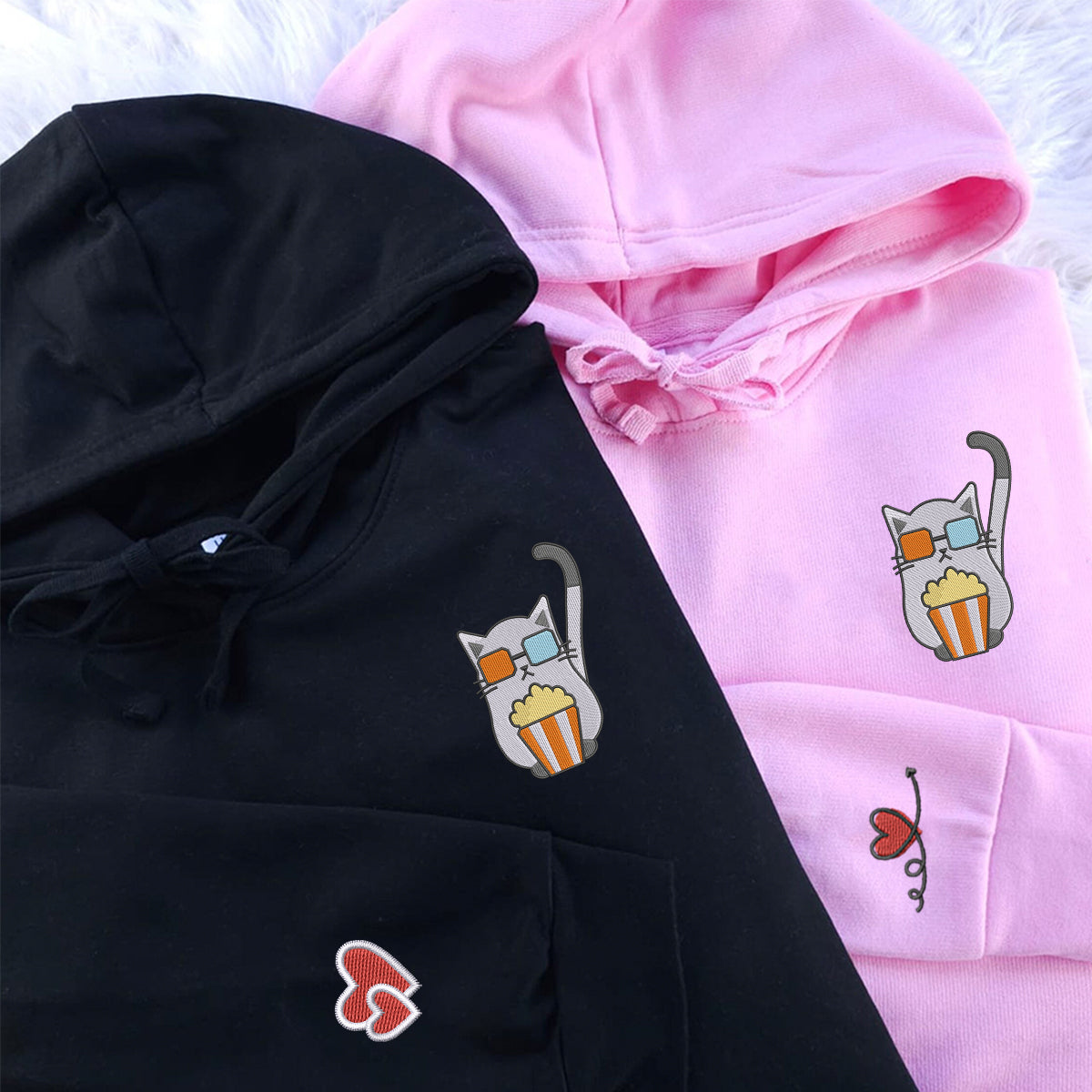 Custom Embroidered Cat Watching Movie Matching Hoodies for Couples