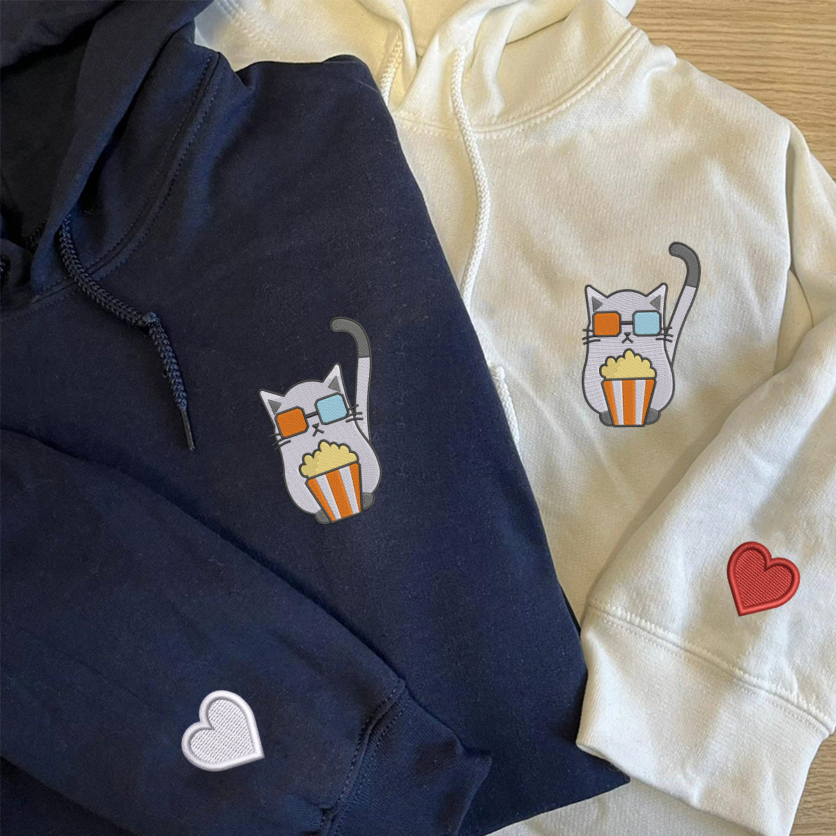 Custom Embroidered Cat Watching Movie Matching Hoodies for Couples