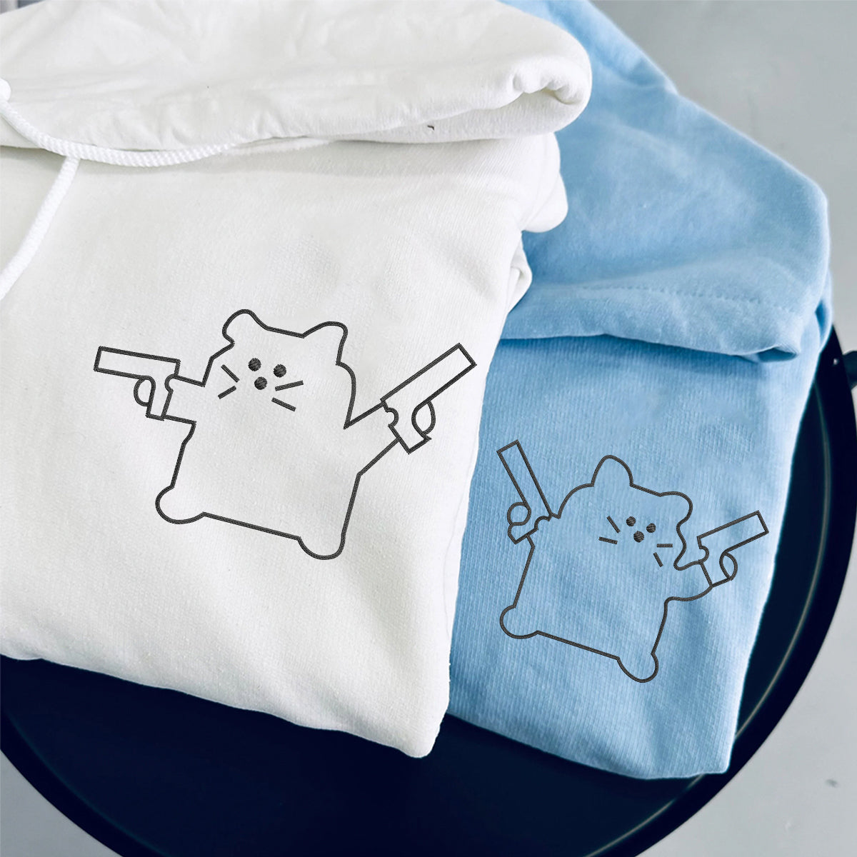 Custom Embroidered Cat with Gun Matching Hoodies for Couples