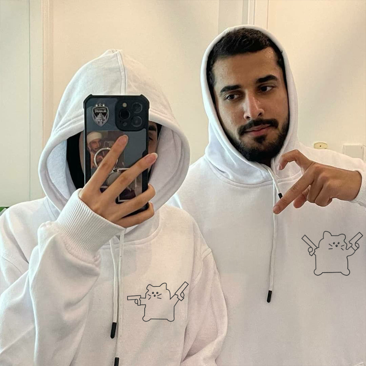 Custom Embroidered Cat with Gun Matching Hoodies for Couples