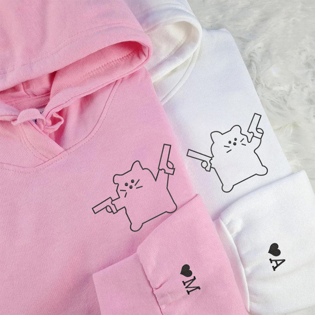 Custom Embroidered Cat with Gun Matching Hoodies for Couples