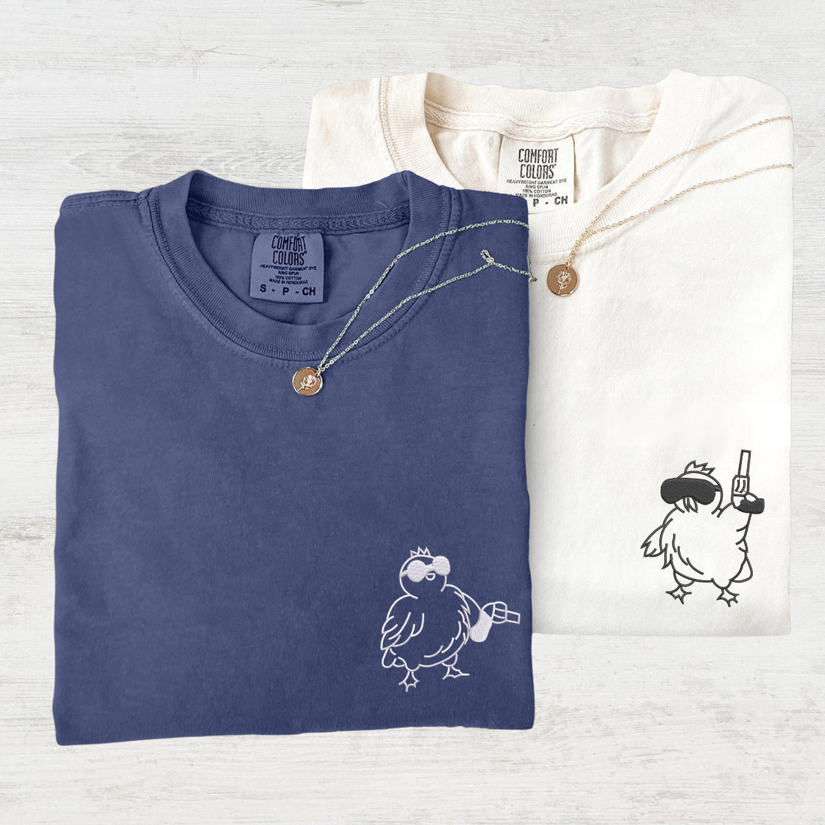 Custom Embroidered Chicken with Gun Matching T-shirts for Couples