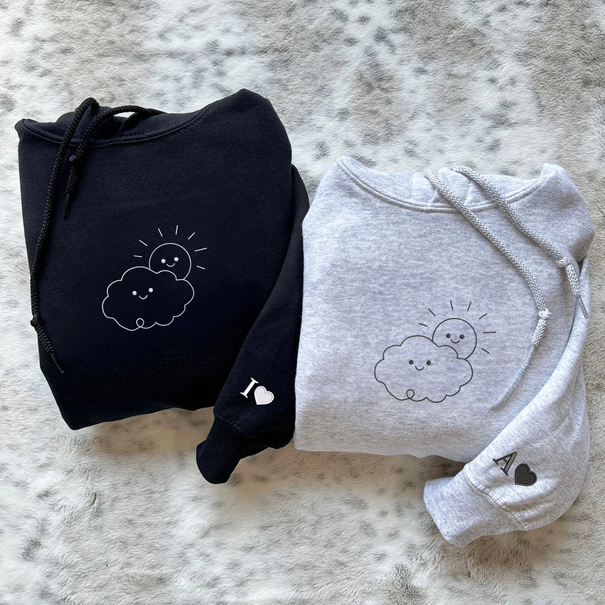 Custom Embroidered Cloud & Sun Matching Hoodies for Couples