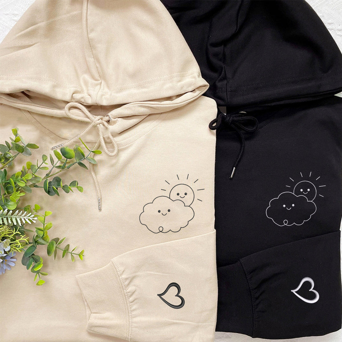 Custom Embroidered Cloud & Sun Matching Hoodies for Couples