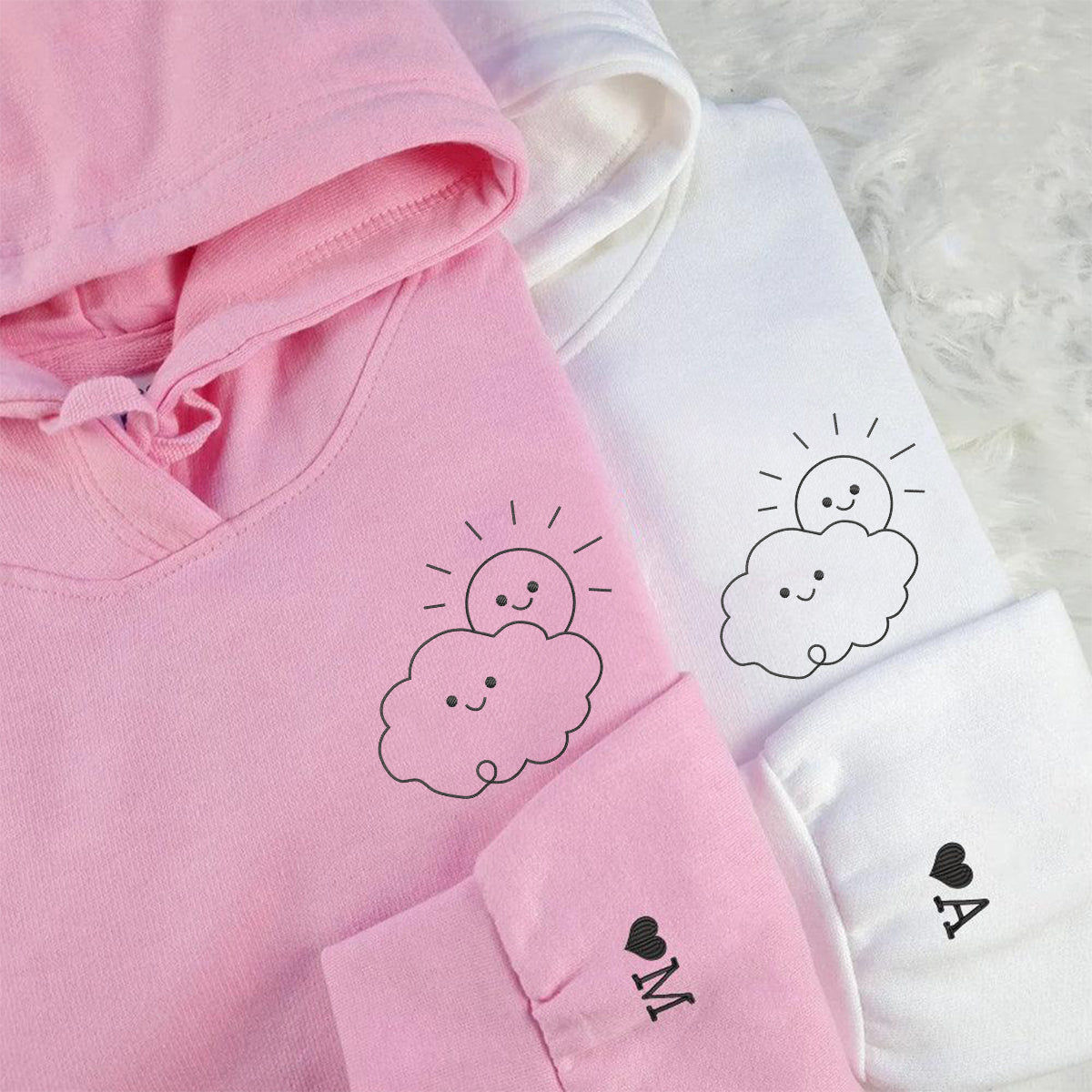 Custom Embroidered Cloud & Sun Matching Hoodies for Couples