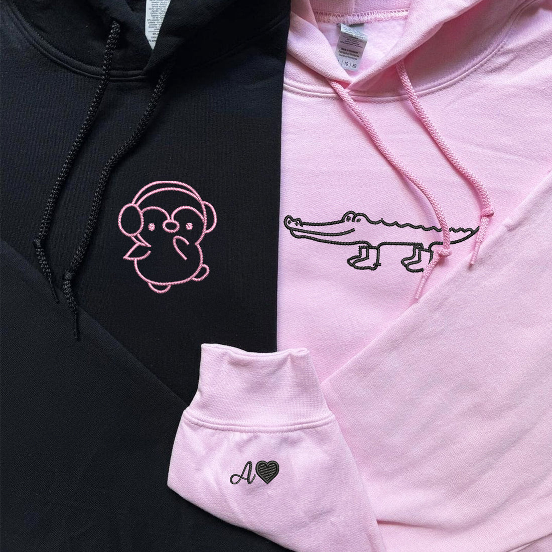 Custom Embroidered Crocodile & Penguin Matching Hoodies for Couples