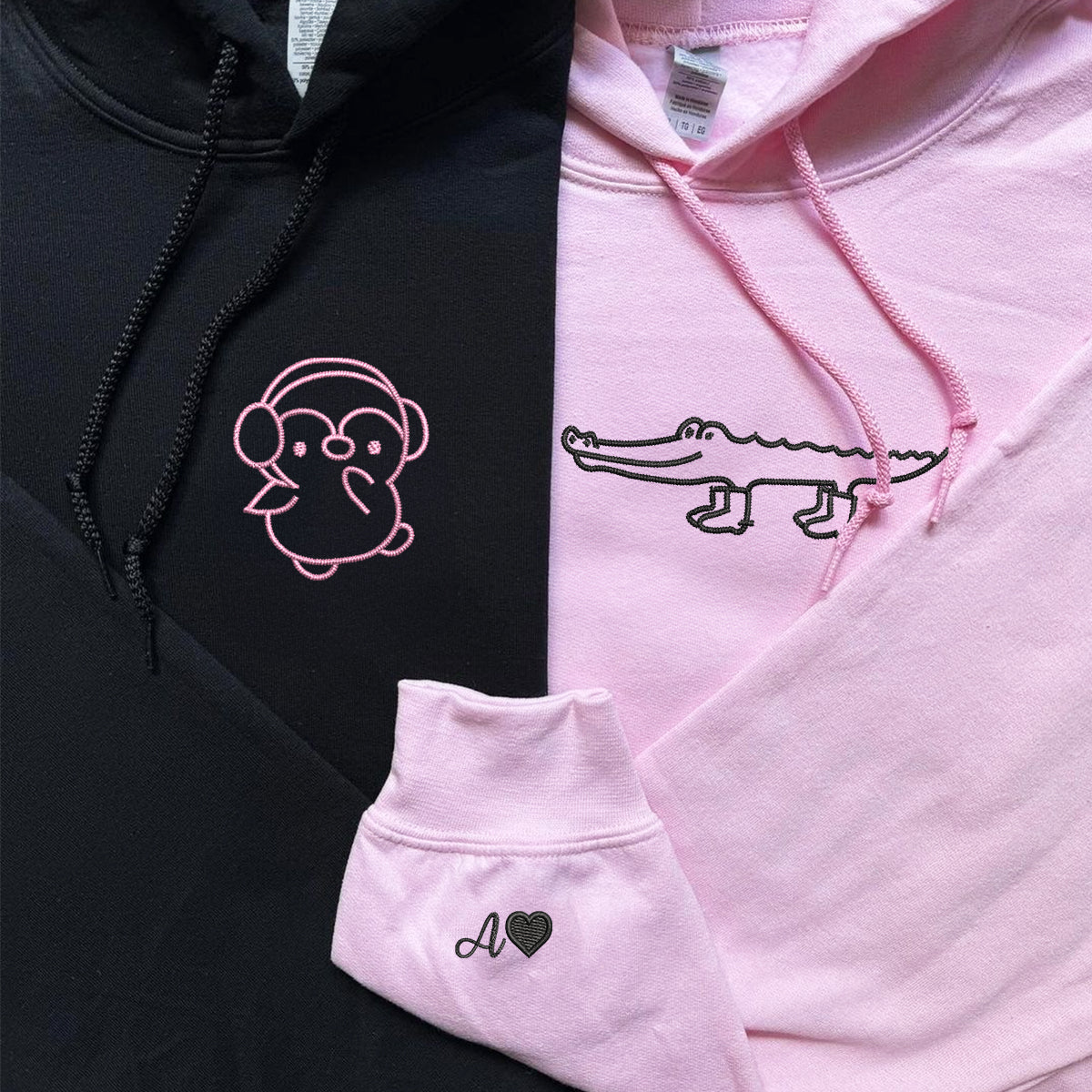 Custom Embroidered Crocodile & Penguin Matching Hoodies for Couples