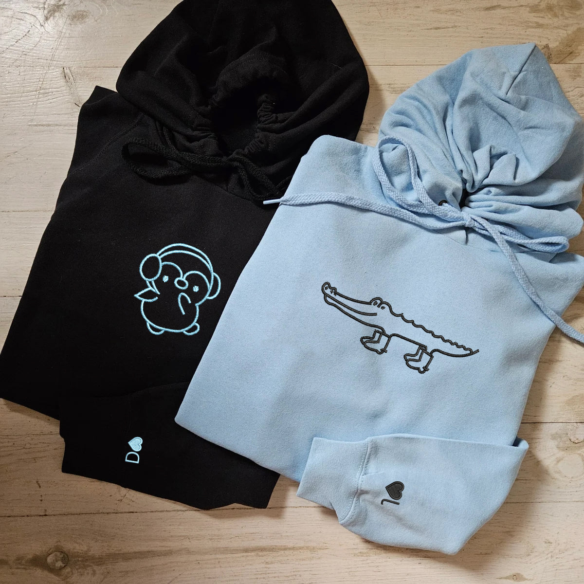 Custom Embroidered Crocodile & Penguin Matching Hoodies for Couples