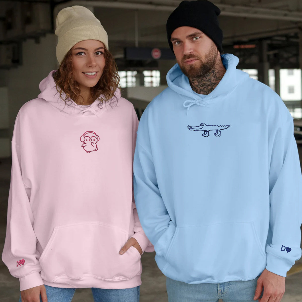 Custom Embroidered Crocodile & Penguin Matching Hoodies for Couples