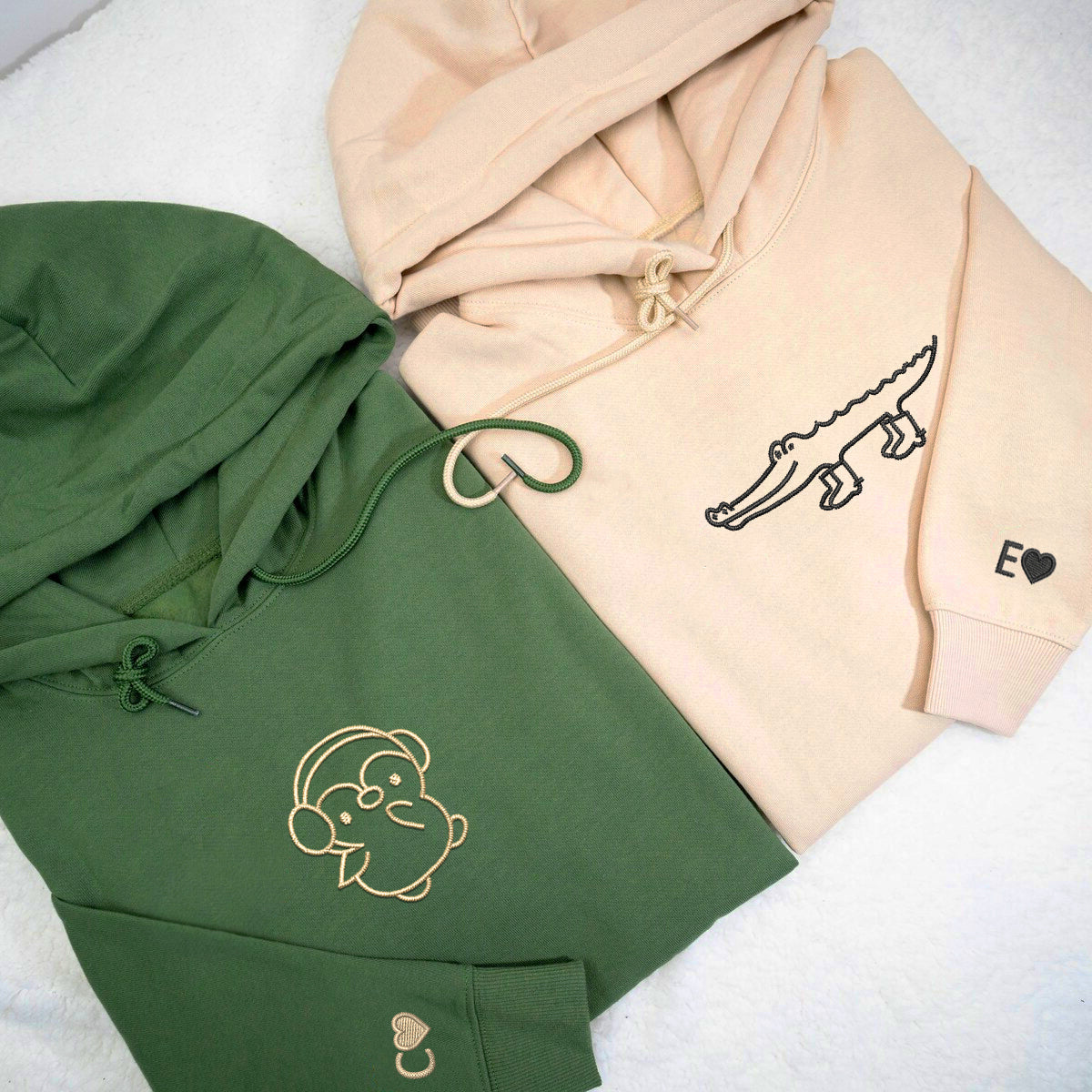 Custom Embroidered Crocodile & Penguin Matching Hoodies for Couples
