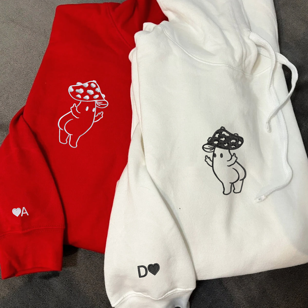 Custom Embroidered Cute Hands Mushroom Matching Hoodies for Couples
