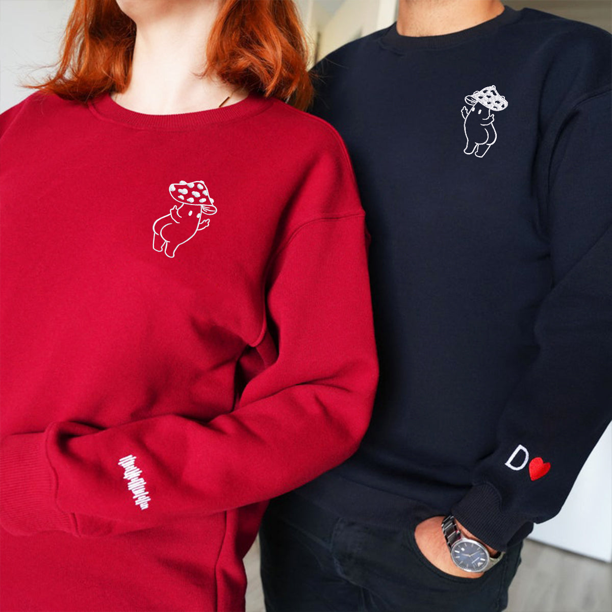 Custom Embroidered Cute Hands Mushroom Matching Hoodies for Couples