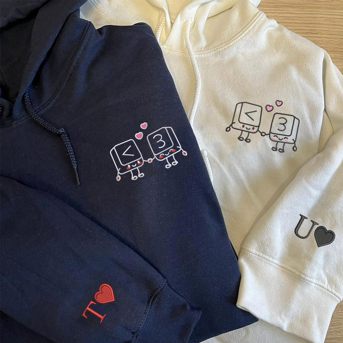 Custom Embroidered Cute Keyboard Keys Love Matching Hoodies for Couples