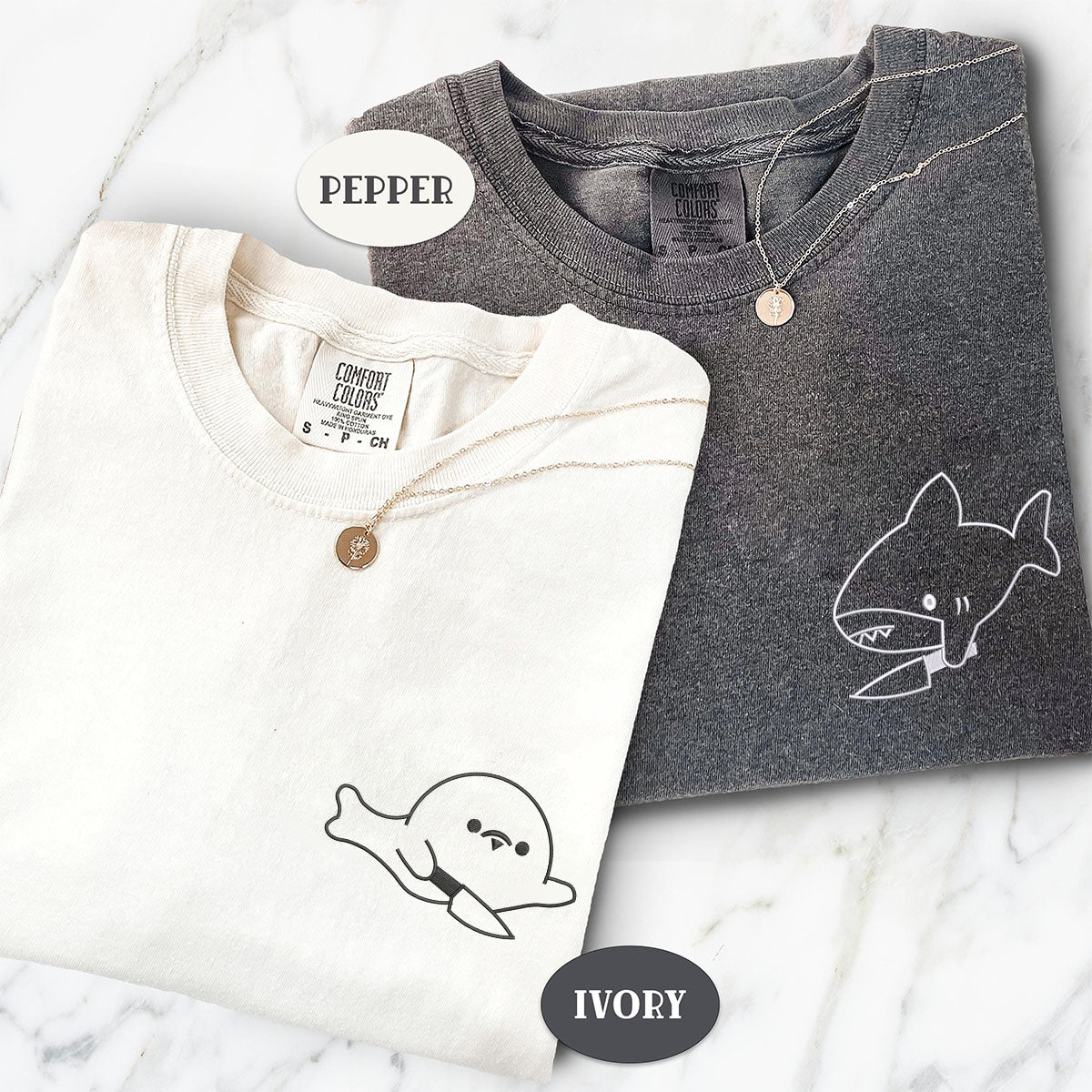 Custom Embroidered Cute Shark and Seal Matching T-shirts for Couples