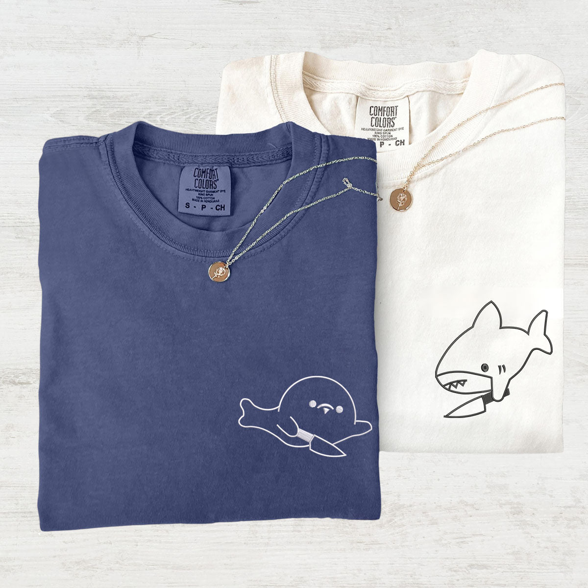 Custom Embroidered Cute Shark and Seal Matching T-shirts for Couples