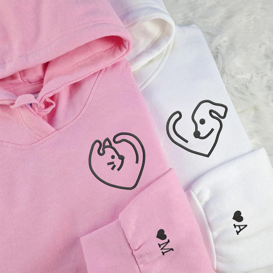 Custom Embroidered Dog & Cat Love Matching Hoodies for Couples