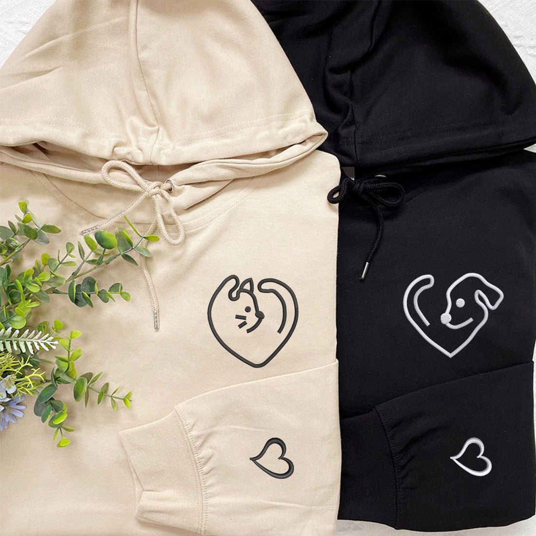 Custom Embroidered Dog & Cat Love Matching Hoodies for Couples