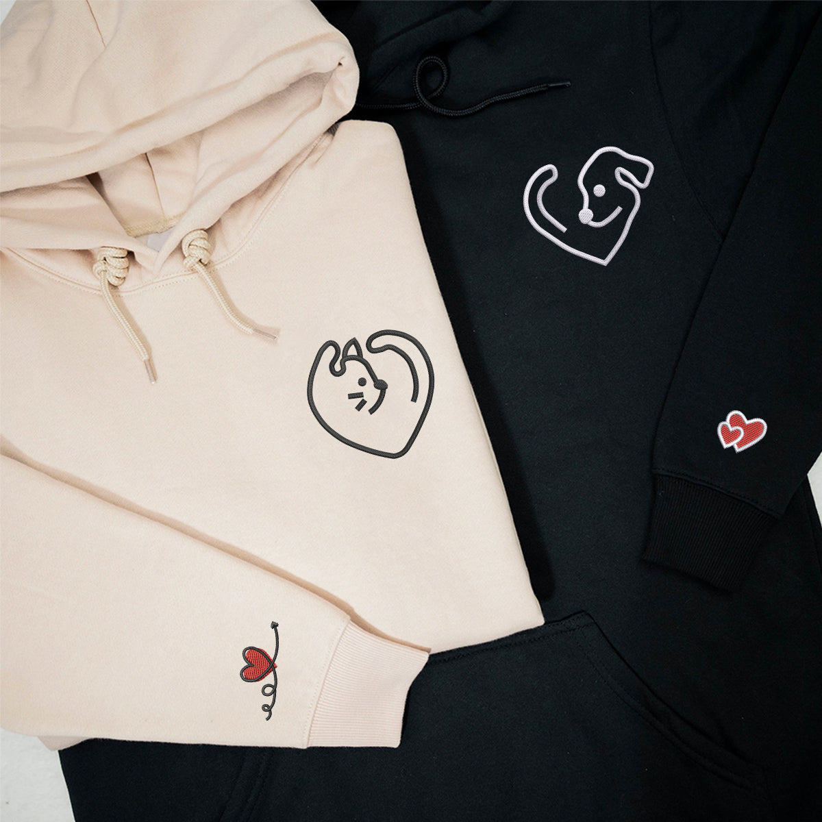 Custom Embroidered Dog & Cat Love Matching Hoodies for Couples