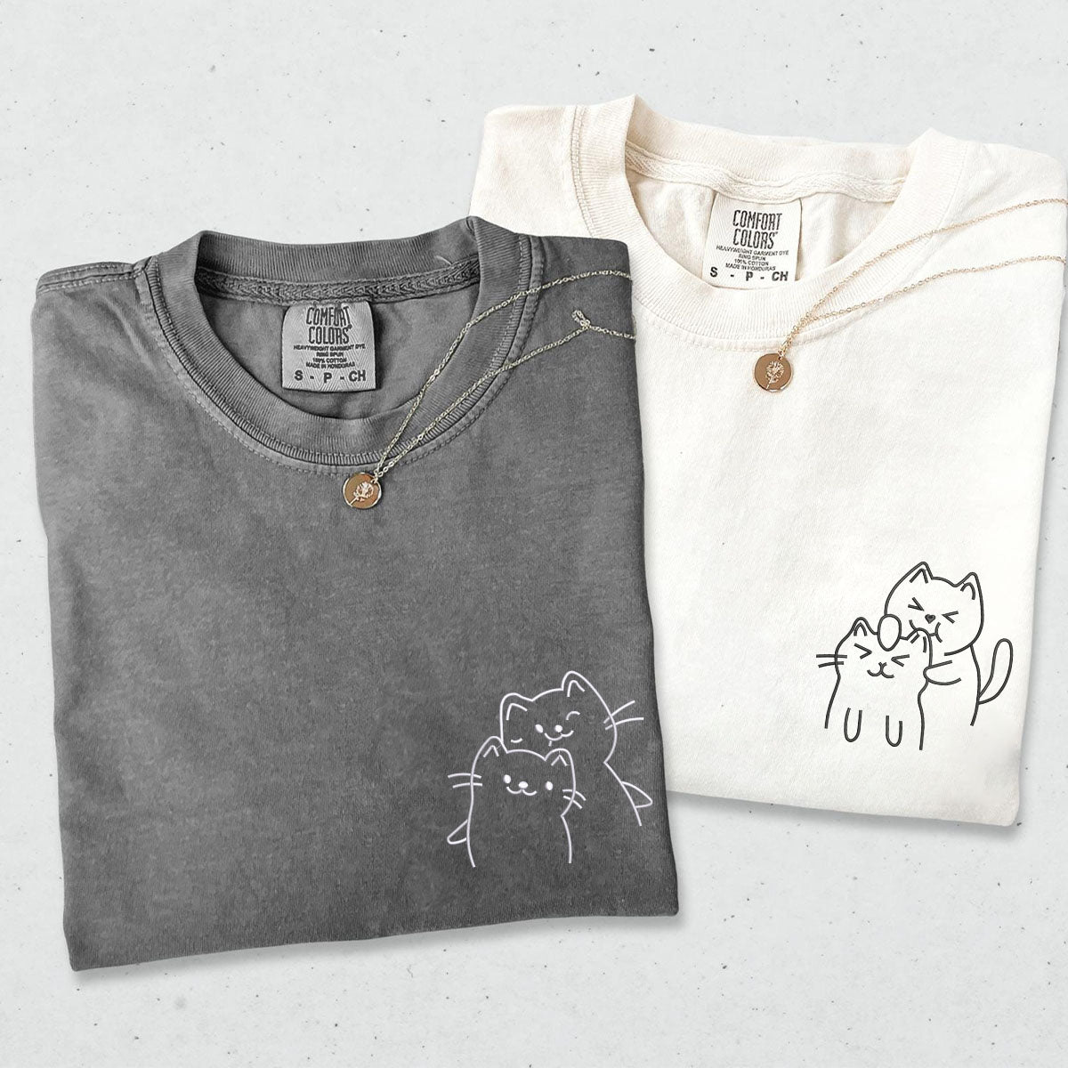 Custom Embroidered Doodle Cat Love Matching T-shirts for Couples