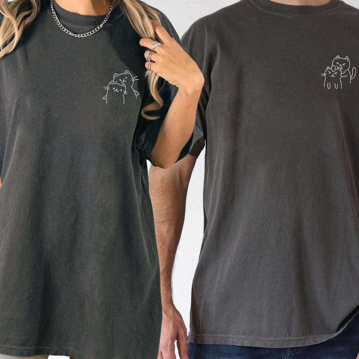 Custom Embroidered Doodle Cat Love Matching T-shirts for Couples