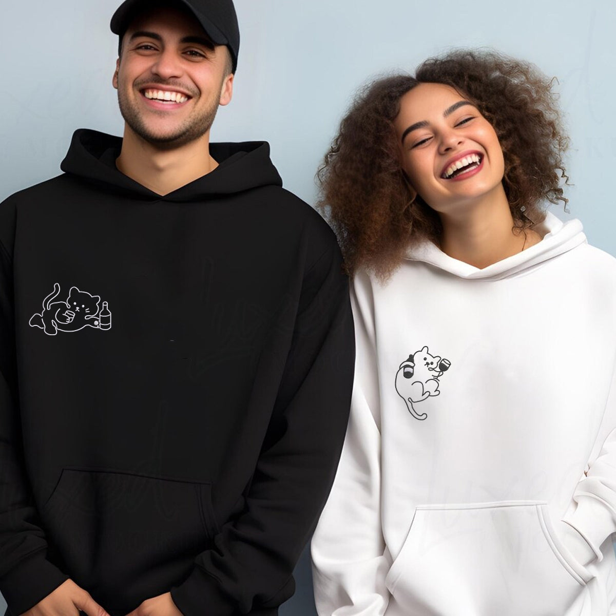 Custom Embroidered Drunk Cat Matching Hoodies for Couples