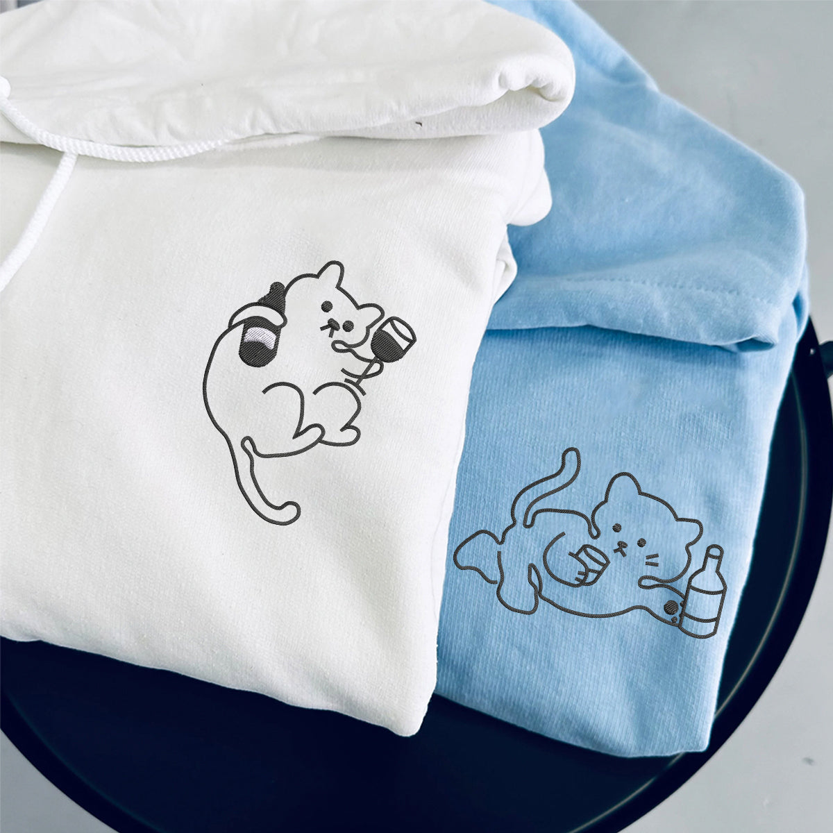Custom Embroidered Drunk Cat Matching Hoodies for Couples