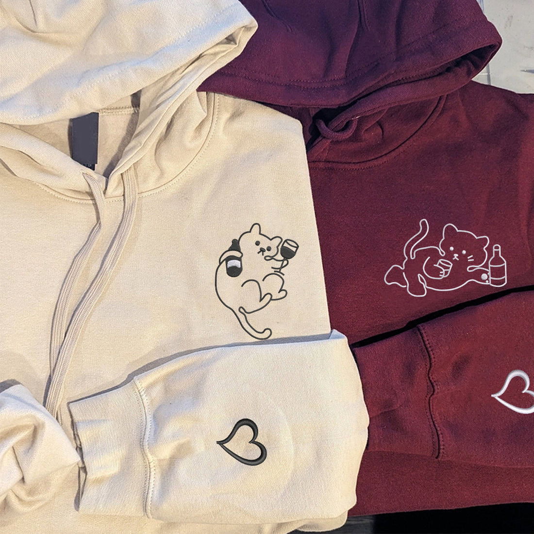 Custom Embroidered Drunk Cat Matching Hoodies for Couples