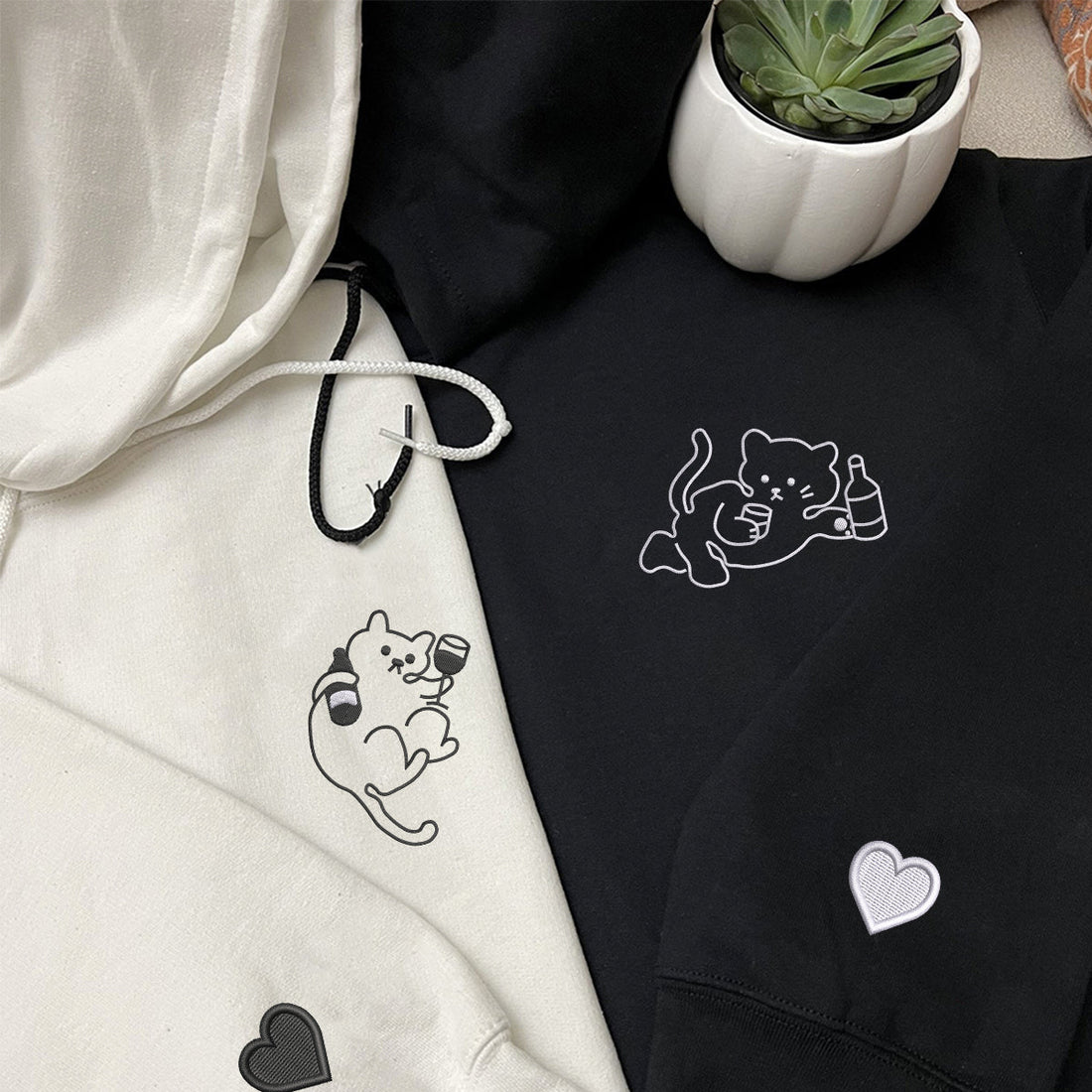 Custom Embroidered Drunk Cat Matching Hoodies for Couples