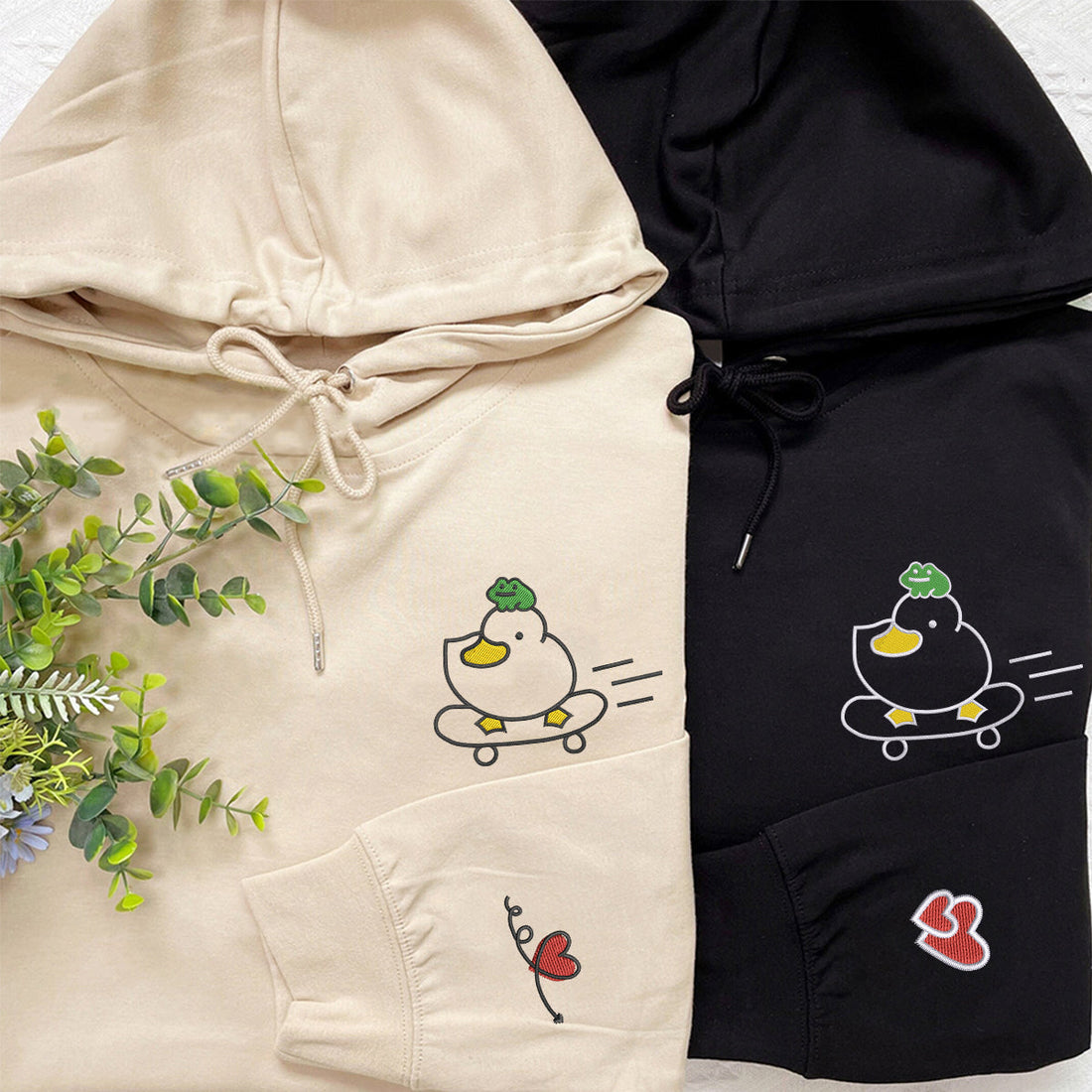 Custom Embroidered Duck and Frog Matching Hoodies for Couples